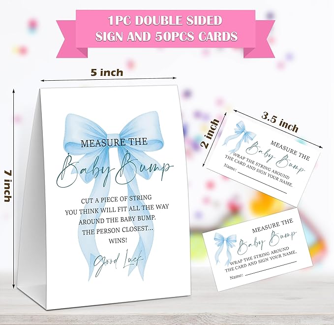 Blue Bow Measure the Baby Bump Game, Baby Shower Game, Include One 5×7 Sign and 50 Guessing Cards, Blue Coquette Bow Gender Reveal Party Decoration Supplies - FI02