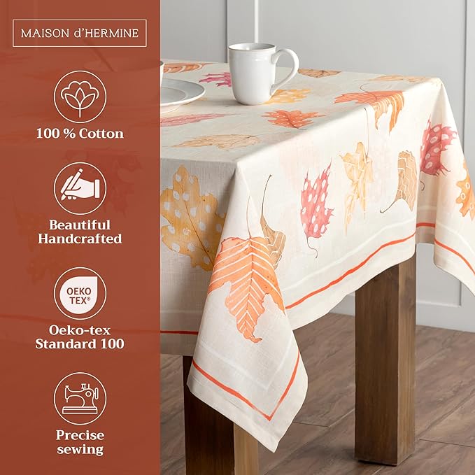 Maison d' Hermine Table Cloth Rectangle Table 100% Cotton 70 x 90 Inches Fall Tablecloth Reusable Everyday Use for Thanksgiving Christmas Decorations Dining Farmhouse Party (Colours of Autumn)