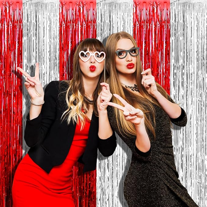 4 Pack 3.2Ft x 9.8Ft Silver Red Foil Fringe Curtain Backdrop, Metallic Tinsel Foil Fringe Streamers Curtains Background for Photo Booth, Wedding, Circus Welcome Carnival Birthday Party Decoration