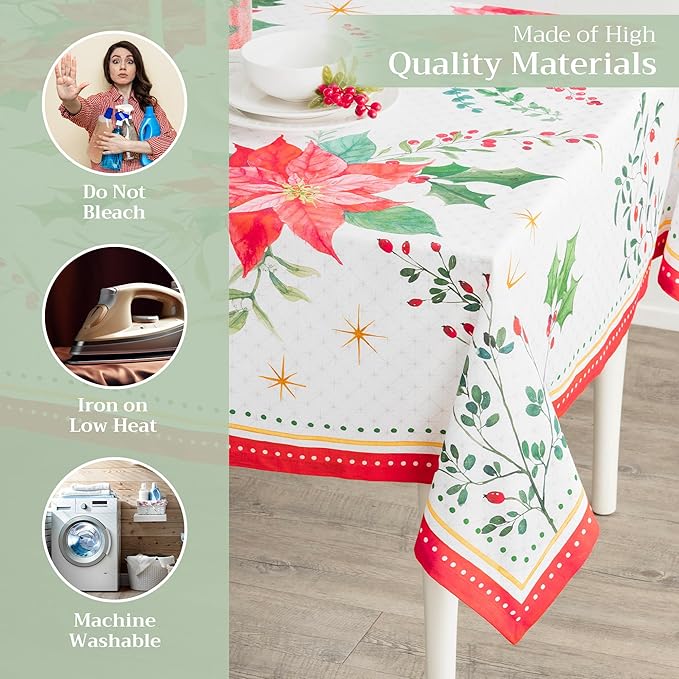 Maison d' Hermine Table Cloth Square Table 100% Cotton 60 x 60 Inches Fall Tablecloth Reusable Everyday Use for Thanksgiving Christmas Decorations Dining Farmhouse Party (Poinsettia Christmas)