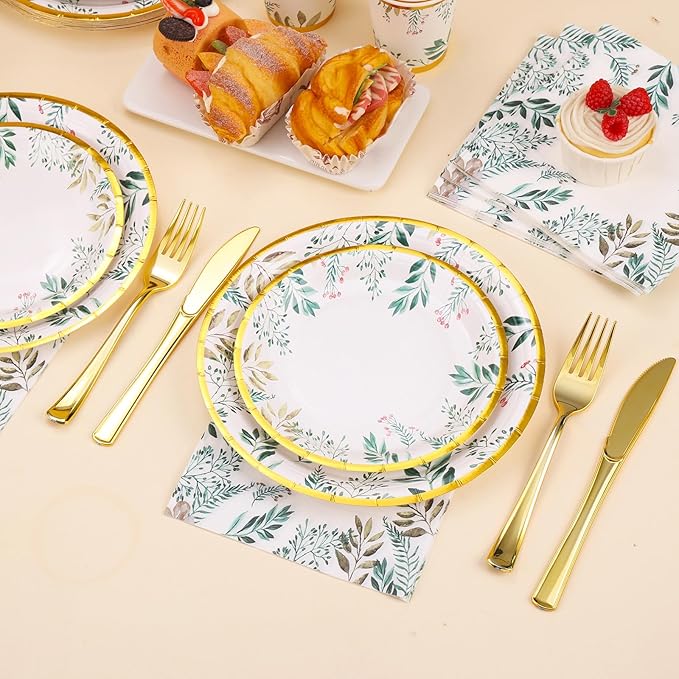 Sage Green Party Plates and Cups and Napkins Sets,Green Paper Plates Party Supplies Include Green Plates Napkin Cup Plastic Spoon Fork Knive for Baby Shower,Engagement Party Decorations,Serves 24