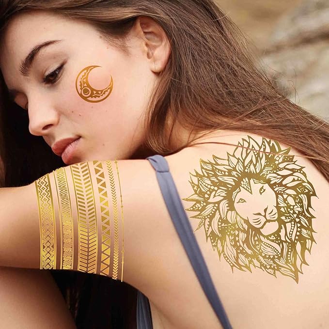 9 Sheets 110+ Designs Flash Gold Temporary Tattoos Metallic For Women Adult, Girl Golden Lion Festival Sun Moon Star Butterfly Glitter Tattoo Sticker, Fake Tattoos That Look Real and Last Long