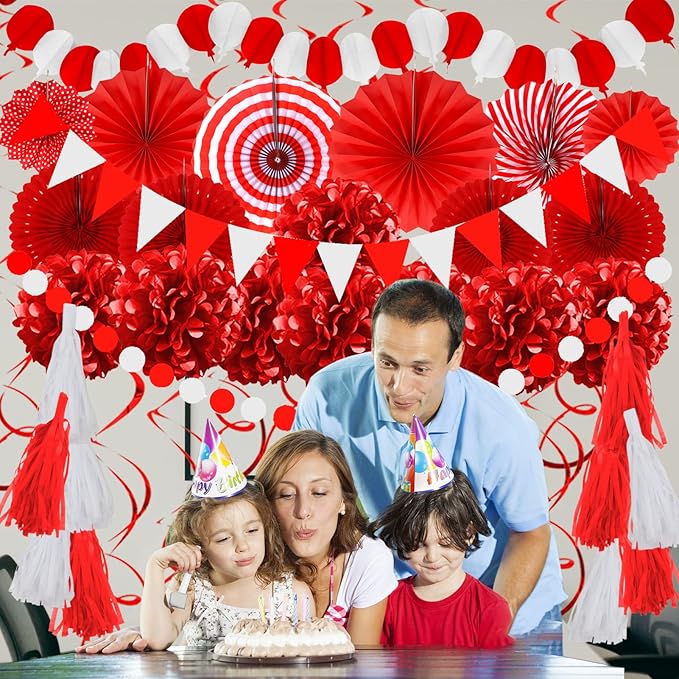 ZERODECO Party Decorations, 41 Pcs Red Papar Fans Pompoms Garlands String Tissue Paper Tassel for Graduation Congrats Grad New Years Spring Festival Wedding Birthday Party