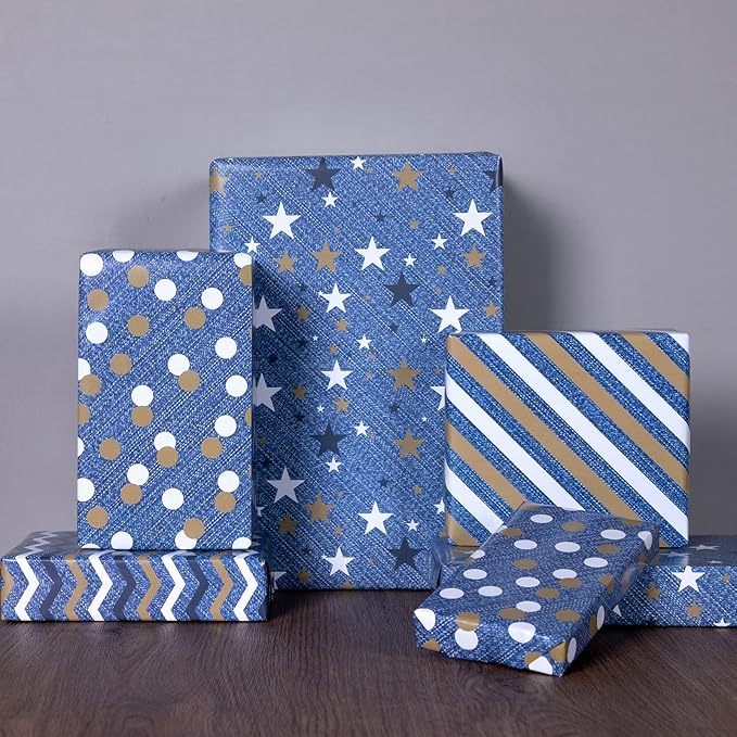 PlandRichW Denim Blue Wrapping Paper Folded for Man Boys Girls Birthday, Vintage Blue Gift Wrap for Father's Day, Christmas, Wedding, Party Holiday, Pre-cut 12 Sheets Each 20" X 29"