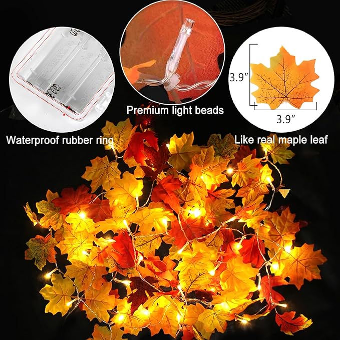AKIT Fall Decor Lighted Fall Garland 45 LED Outdoor String Lights Waterproof with Timer - Thanksgiving Fall Decorations for Home Halloween Garland for Mantle Indoor
