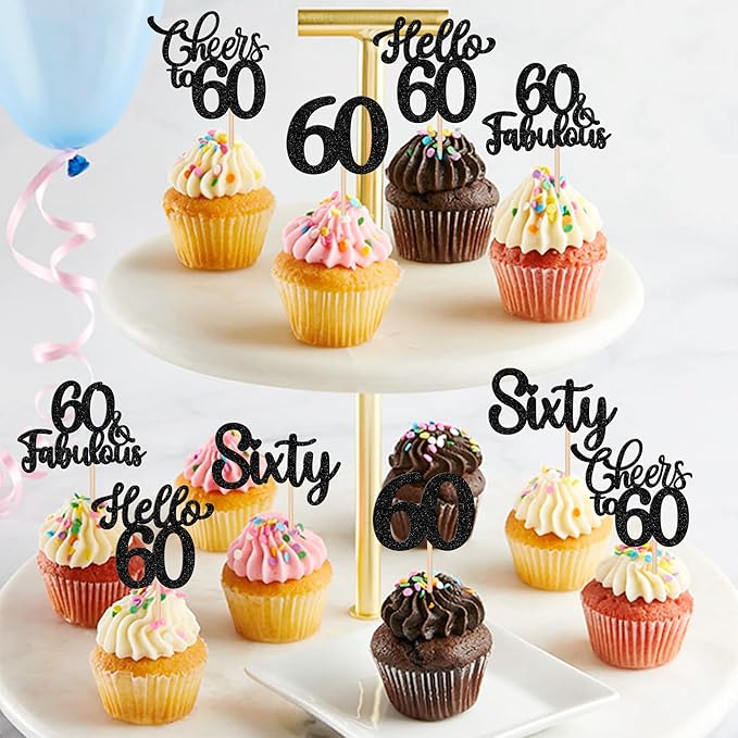 30PCS Happy 60th Birthday Cupcake Toppers Glitter Hello 60 Fabulous Sixty Cheers to 60 Years Old Birthday Cupcake Picks for Happy 60th Birthday Anniversary Party Cake Decorations Supplies Black