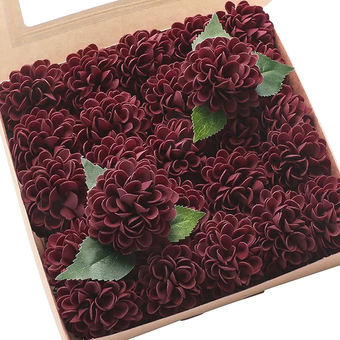 Floroom Artificial Dahlia Flowers 25pcs Real Looking Burgundy Foam Fake Roses with Stems for DIY Wedding Bouquets Dark Red Bridal Shower Centerpieces Floral Arrangements Party Tables Home Decoration