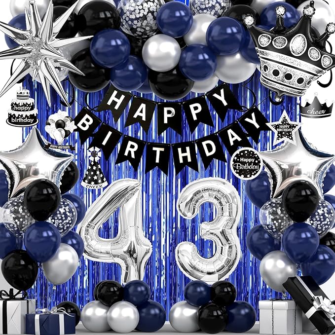 43rd Birthday Decorations for Men and Women, Black Blue Silver Happy Birthday Number 43 Balloons, Banner, Fringe Curtains Garland Kit - 43 Year Old Party Supplies