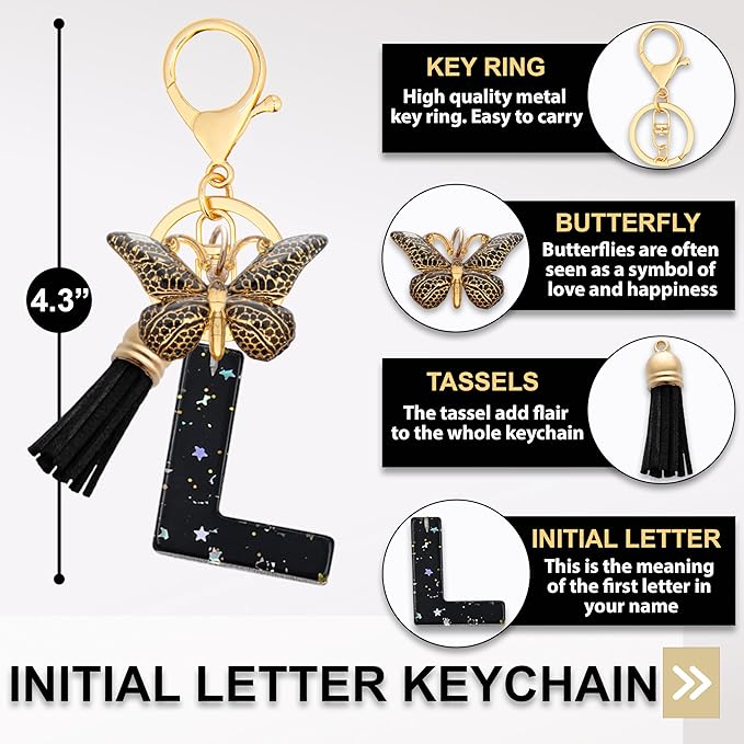 Initial Letter Keychain, Butterfly Keychain Cute Resin, Initial Keychain Backpack Charms, Key chain for Women, Girls