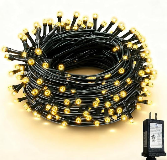 RPGT Christmas Light 1000 LEDs 336ft Green Cable Wire Fairy String Tree Twinkle Lights Plug in 12 Modes for, Outdoor, Garden, Wedding, Christmas Party, Home Decoration (Warm White)