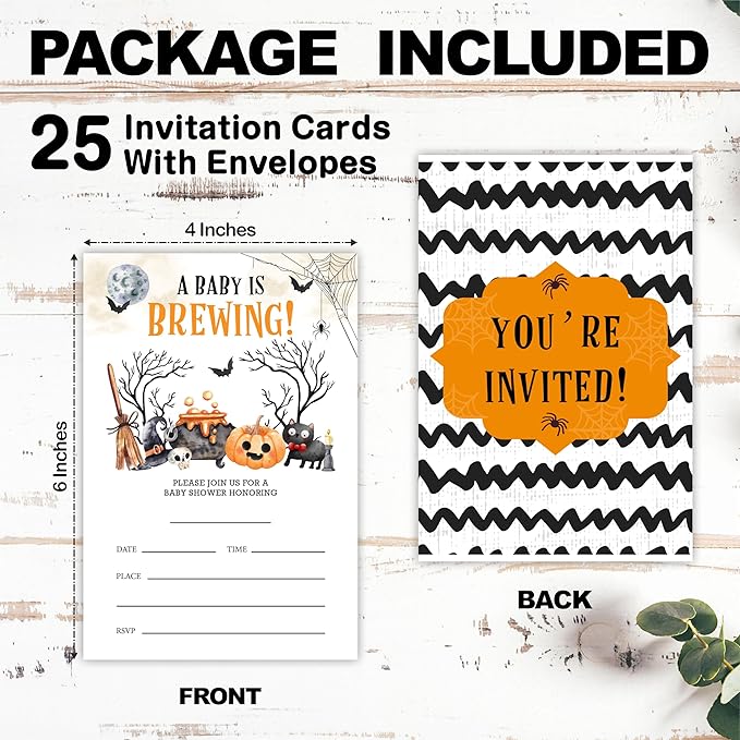 25 Halloween Baby Shower Invitation Cards, A Baby Is Brewing, Watercolor Pumpkin & Boo Baby Shower Invites With Envelopes, Gender Reveal, Baby Announcement Party Favor & Supplies (A10)