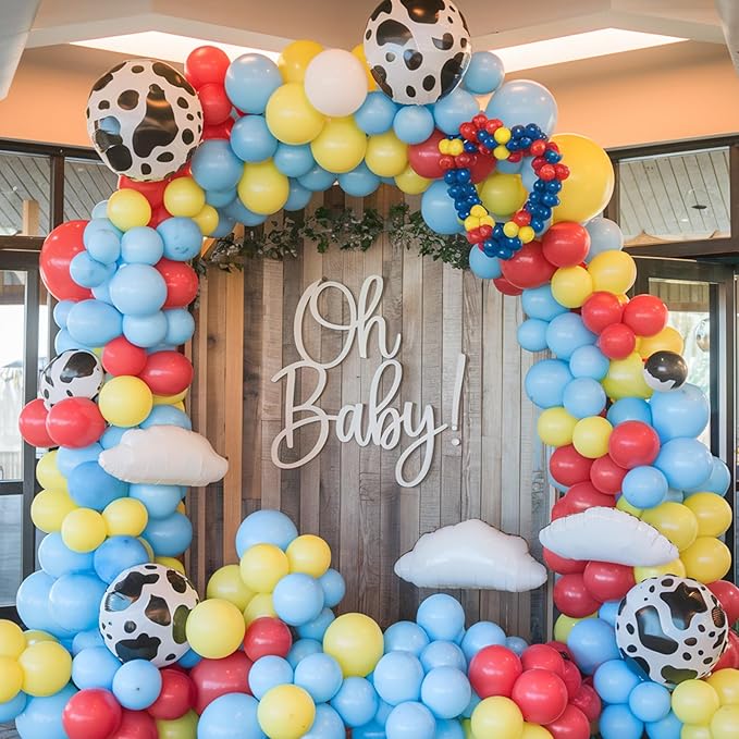 Carnival Party Balloons, 50pcs Toy Balloons, Red Yellow Blue Balloons Cow Print and Sky Blue Cloud Balloons for Carnival Circus Theme Birthday Party Baby Shower Wedding Decorations