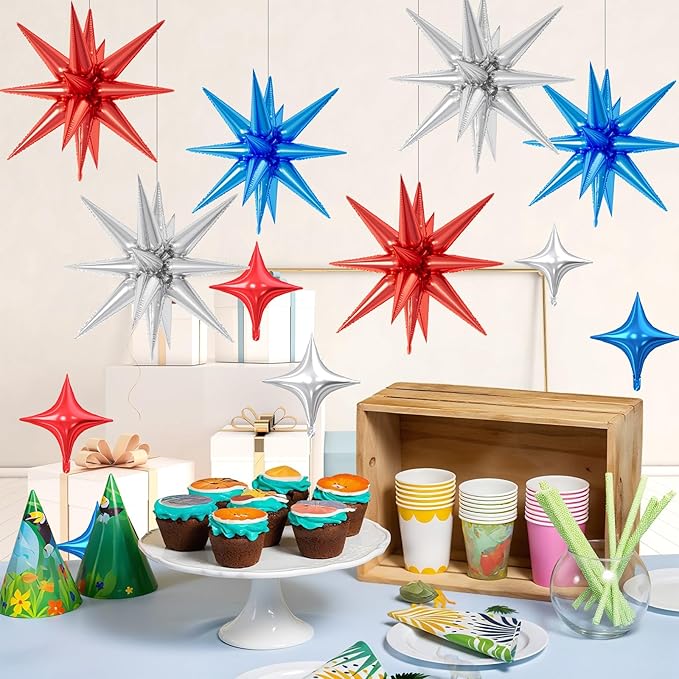 18 Pcs Blue Red Star Balloons, Silver Red and Blue Balloon with 6 Pcs 22-Inch Explosion Star Balloons 12Pcs 10-Inch Four Pointed Stars Foil Balloon for Graduation Baby Shower Birthday Party Decor