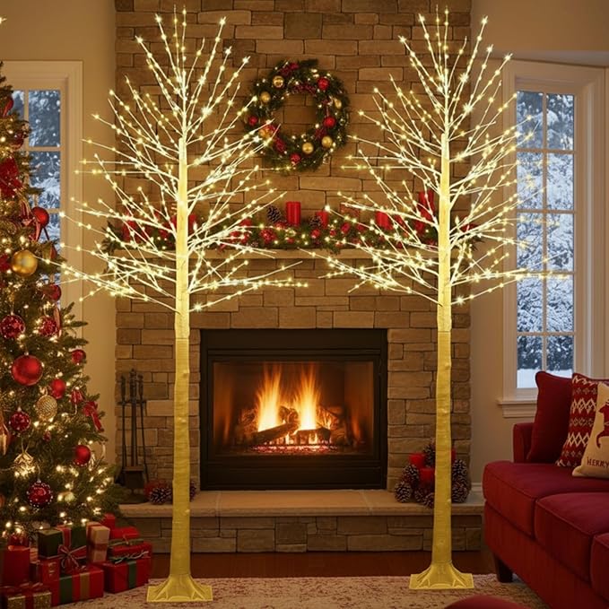 Baquler 2 Pack Lighted Birch Tree - Large Christmas Warm-White LED 8 Mode Light Birch Tree Decoration Set for Thanksgiving Holiday Fall Winter Party Decor, Indoor & Outdoor (8 ft)