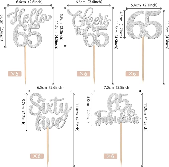 30PCS Happy 65th Birthday Cupcake Toppers Glitter Hello 65 Fabulous Sixty Five Cheers to 65 Years Old Birthday Cupcake Picks for Happy 65th Birthday Anniversary Party Cake Decorations Supplies Silver