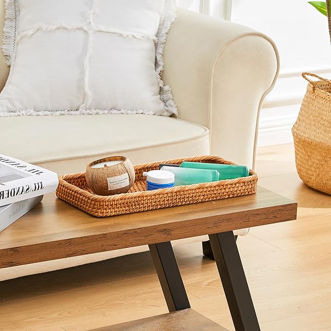 Rectangular Rattan Tray, Long Woven Tray Rectangle Tray, Flat Rattan Serving Tray for Breakfast, Drinks, Snacks(15.75''x6.69''x1.57'')