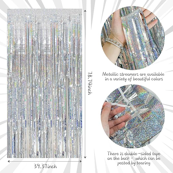Tinsel Curtain Party Backdrop Silver Birthday Decorations 2 Packs Glitter Foil Fringe Decor Streamers Photo Booth for Christmas Wedding Halloween Graduation Decorations
