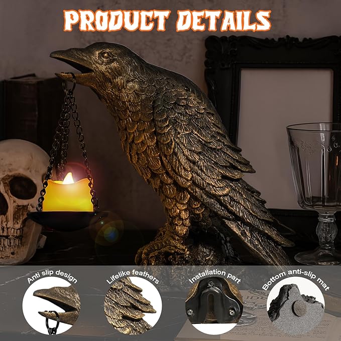 Halloween Decorations Outdoor Indoor Gothic Crow Wall Decor Table Candle Holder Raven Tealight Statue for Yard Patio Garden Bedroom Half Gold