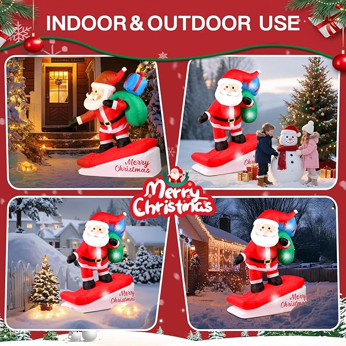 6FT Christmas Inflatables Decorations Outdoor，Blow Up Skiing Santa Claus with Built-in LEDs Lights for Indoor Holiday Party Yard Garden Lawn Décor