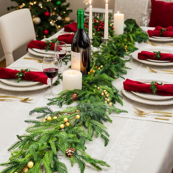 Velasko 6 FT Norfolk Pine Garland, Christmas Green Artificial Real Touch Cedar Garland, Faux Cedar with Lights, for Table, Wall, Fireplace Indoor Outdoor Decor
