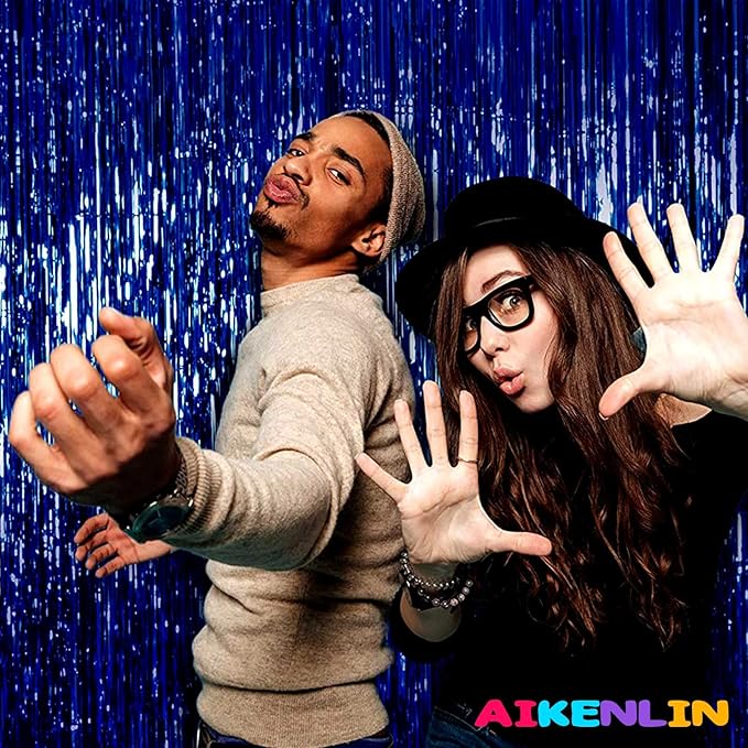 4 Pack 3.2Ft x 9.8Ft Blue Foil Fringe Curtain Backdrop, Metallic Tinsel Foil Fringe Streamers Curtains for Party, Photo Booth Props, Birthday, Wedding, Christmas Party Decoration Supplies