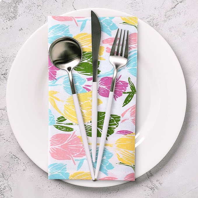 Urban Villa Easter Cloth Napkins Tulip Print 100% Cotton Absorbent Dinner Napkins (Set of 12) Oversized 20x20 Inches Soft Durable Reusable Washable Napkins Ideal for Everyday Use Parties Wedding