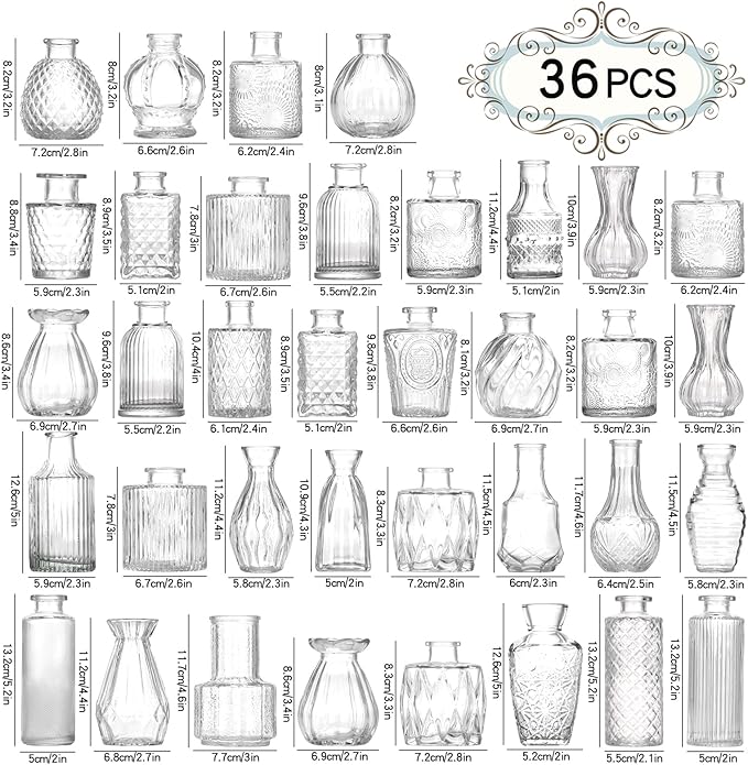 Bud Vases Set of 36,Small Vases for Centerpieces, Glass Bud Vase in Bulk, Mini Vintage Flowers Vase for Wedding, Home Table Decor,Christmas,Party Decoration,Clear