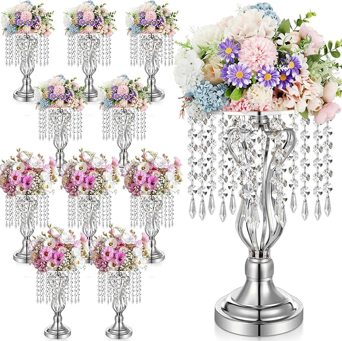 16 Pcs Wedding Centerpieces for Tables, Gold Silver Vase Centerpiece with Chandelier Crystal Metal Flower Stand, Tall Flower Vases for Wedding Party Home Decoration(Silver,12.6)