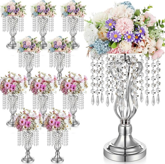 16 Pcs Wedding Centerpieces for Tables, Gold Silver Vase Centerpiece with Chandelier Crystal Metal Flower Stand, Tall Flower Vases for Wedding Party Home Decoration(Silver,12.6)