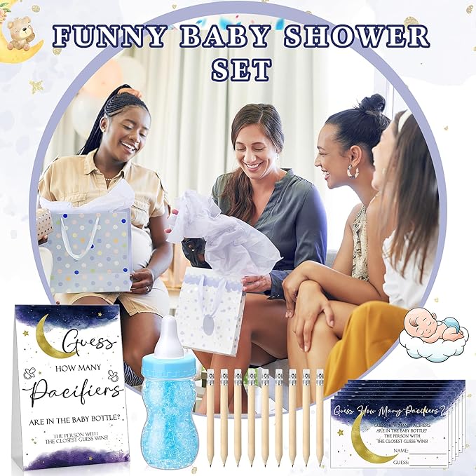 Roowest 512 Pcs Baby Shower Games Guess How Many Pacifiers Sign 100 Small Guessing Games 10 HB Pencils 750ml Milk Bottle 400 Acrylic Pacifiers Decoration for Guest Gender Reveal(Blue,Moon)