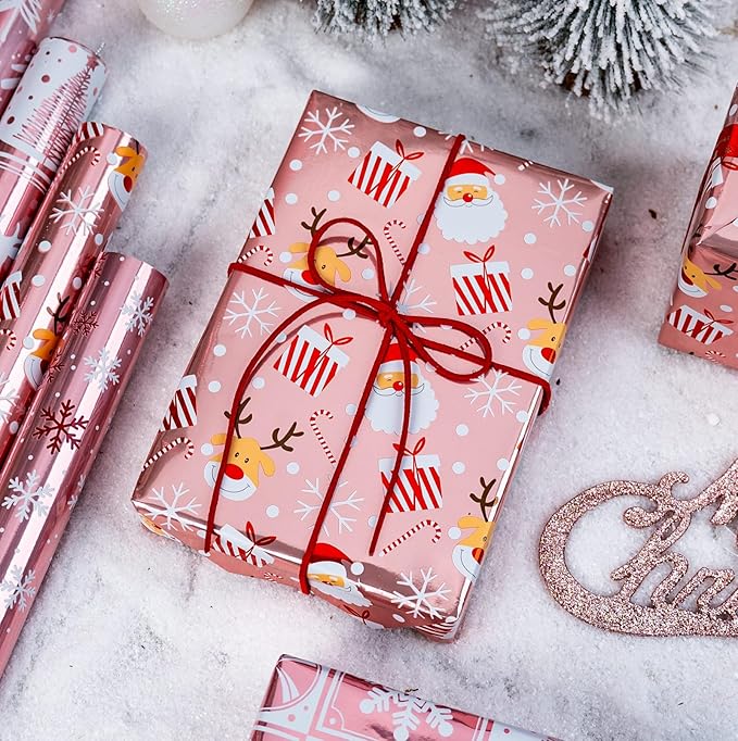 MAYPLUSS Christmas Wrapping Paper Jumbo Rolls with Gridlines - 30IN X 120IN - 4 Roll-Christmas Tree Santa Claus Snowflakes Reindeer Joyful for New Year Holiday Kids