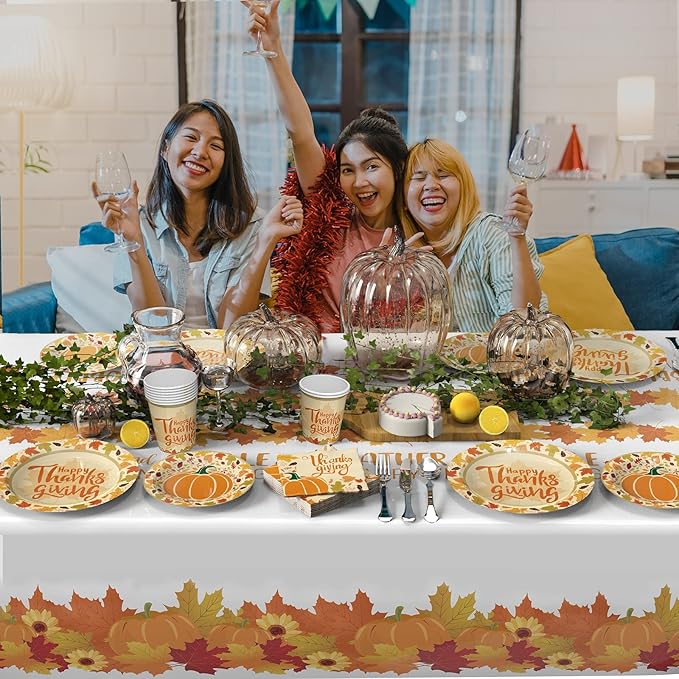 ATFUNSHOP Thanksgiving Tablecloth 5 Pack 54" X 108" Plastic Fall Table Cover Party Supplies Pumpkins Turkey Disposable Table Cloth Water Proof for Thanksgiving Decoration Dinner Party