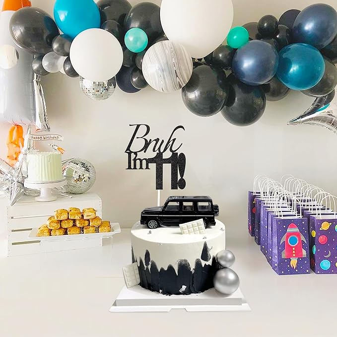 Bruh I'm 11 Cake Topper - Black Glitter Happy 11th Birthday Decorations for Boys Teens, Funny 11 Year Old Party Supplies, Bro I'm 11 Cake Decor (Bruh I'm 11！, 11th black)