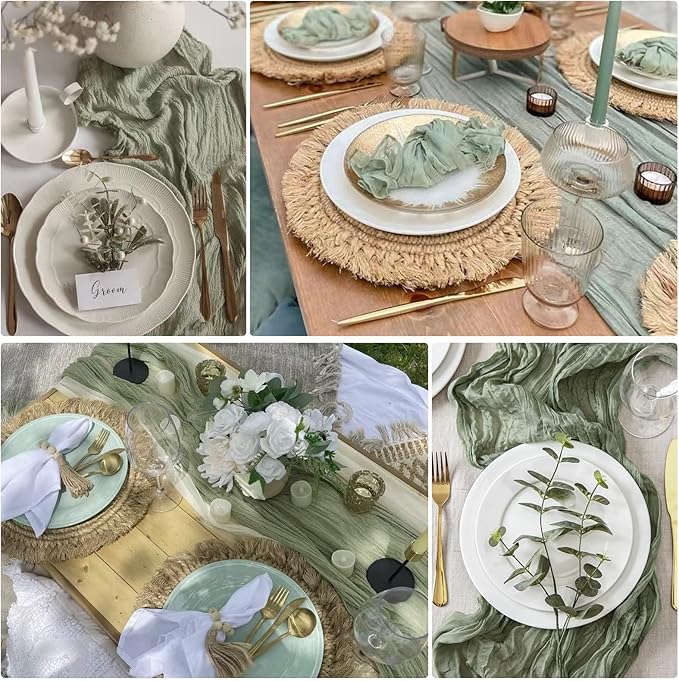 6 Pack Sage Green Cheesecloth Table Runner 10FT Boho Gauze Fabric Table Runner 35 x 120 Inch Rustic Sheer Runner for Centerpiece Wedding Decor Baby Shower Party Boho Table Decoration