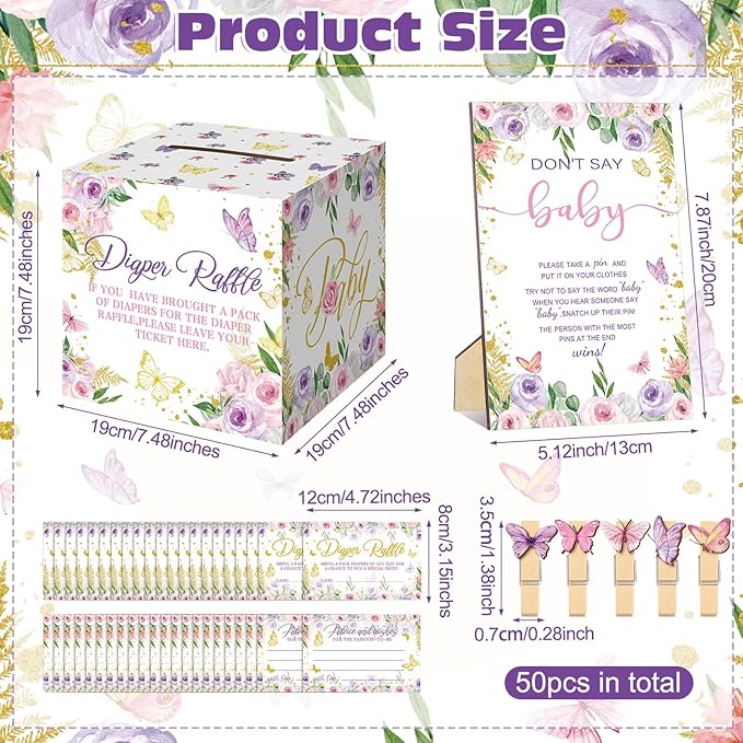 102 Pcs Butterfly Baby Shower Game Supplies Diaper Raffle Tickets with Diaper Raffle Card Box Don't Say Baby Sign Mini Butterfly Clothespin Game Decor for Gender Reveal Favor