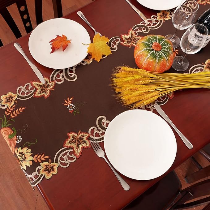 Simhomsen Brown Embroidered Thanksgiving Harvest Pumpkins Table Runners for Autumn Or Fall Decorations (14 × 69 Inches)