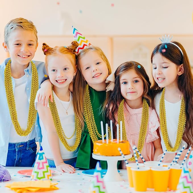 24PCS Gold Bead Necklaces, Metallic Oval Beaded Necklace Bulk, 32" Necklaces Costume Mardi Gras Beads, Festival Parade Throw Accessories for Wedding Birthday Pirate Theme Christmas Party Favors Decor