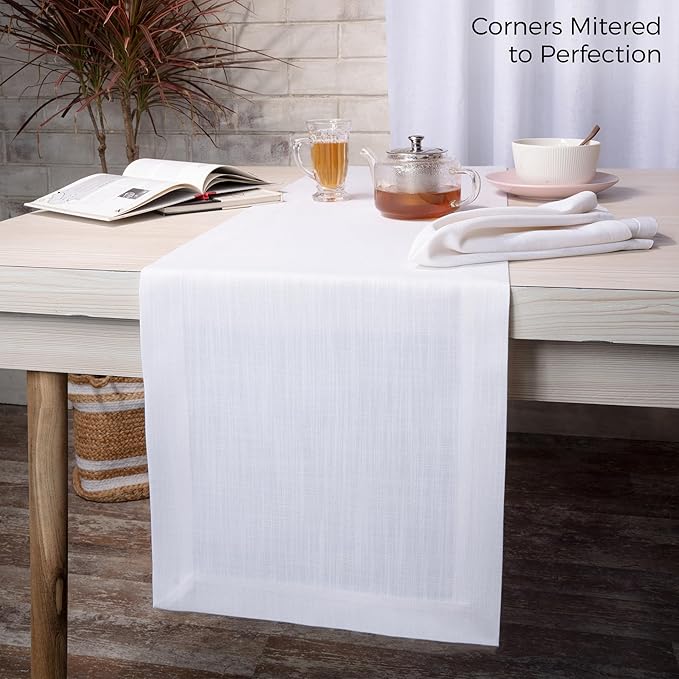 D'Moksha Homes Chambray Cream and White Table Runner 14 x 36 Inch - Faux Linen Table Runner - Wrinkle Resistant, Machine Washable Ideal for Dresser Tables, Christmas, Holiday - 100% Recycled Fabric