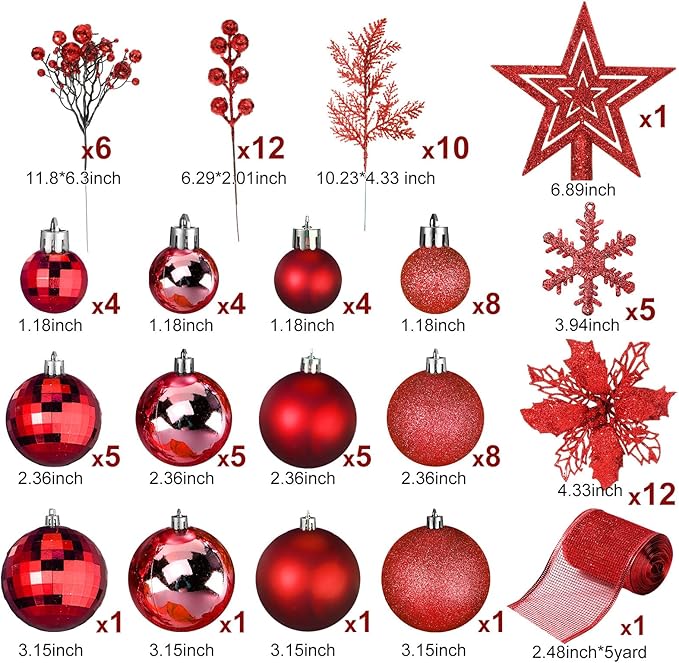 Sratte 94 Pcs Christmas Tree Decorations Set, Christmas Tree Ball Ornaments Glitter Poinsettia Flowers Decorations Glitter Berries Stems for Xmas Holiday Wedding(Red)