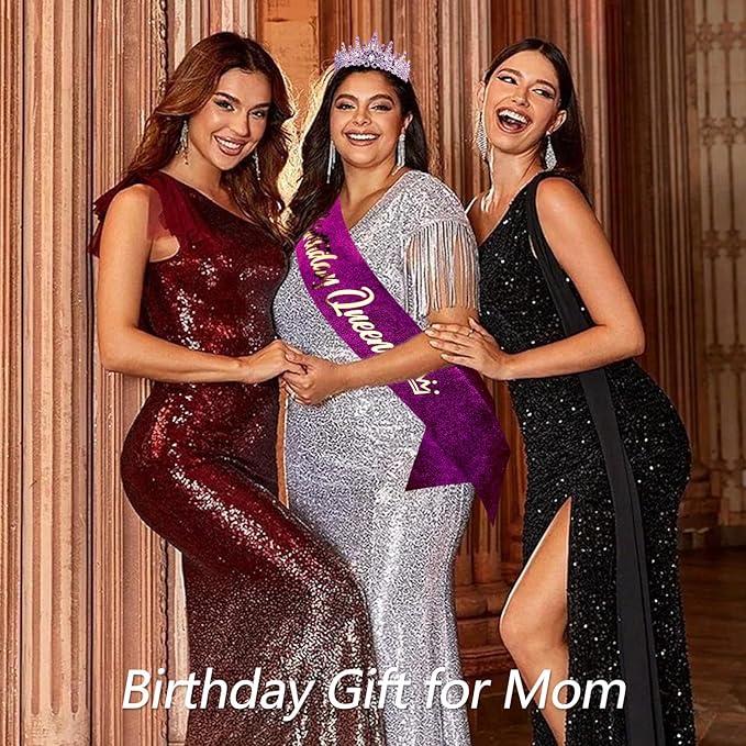 VELSCRUN Birthday Queen Tiara Crowns for Women Girls Purple Crystal Birthday Queen Headband Sash Elegant Princess Crown Happy Birth Party Decorations Mom Sisters Birth Gift Hair Accessories