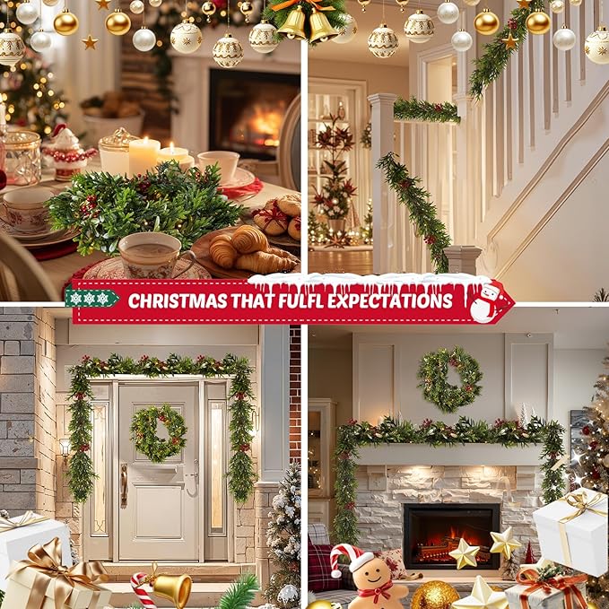 6FT Christmas Garland – Artificial Norfolk Pine Olive Garland with Red Berries, Pinecones & 20 Warm LED Timer Lights – Holiday Garland for Home, Wedding, Party Decorations