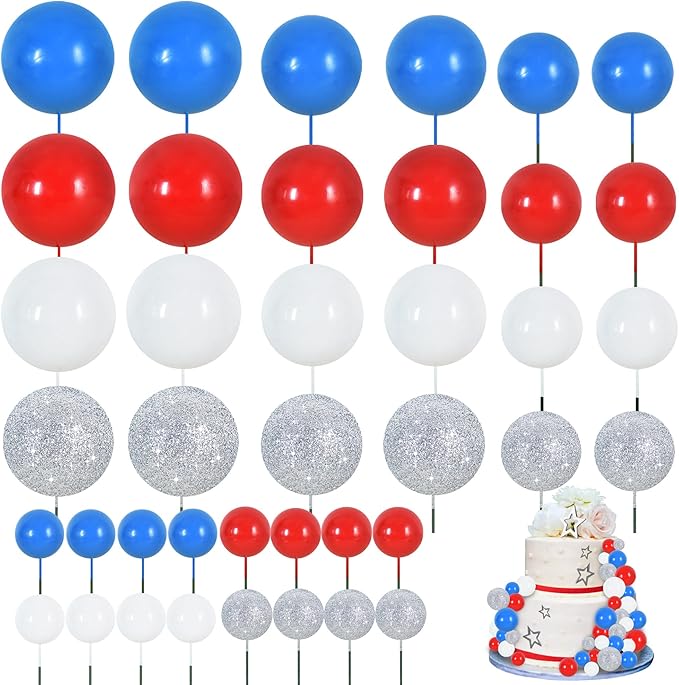 BEISHIDA 40 Pcs Foam Ball Cake Toppers with Sticks Mini Cake Decorations for Birthdays, Weddings, Baby Showers, DIY Baking Supplies, Anniversary Party (Red, Blue, White，Silver)