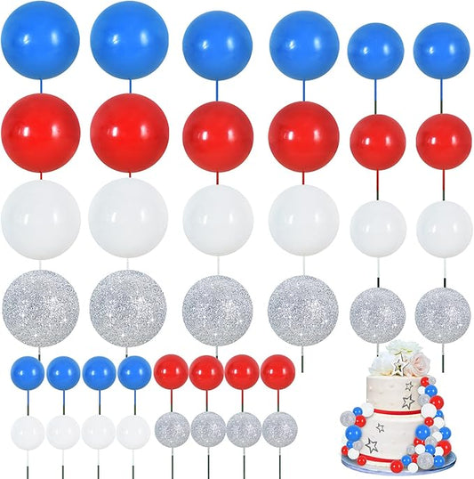 BEISHIDA 40 Pcs Foam Ball Cake Toppers with Sticks Mini Cake Decorations for Birthdays, Weddings, Baby Showers, DIY Baking Supplies, Anniversary Party (Red, Blue, White，Silver)
