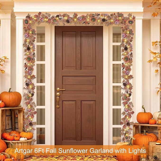 Artgar Fall Sunflower Garland - 6 Ft Fall Garland with 30 Warm Lights with Pumpkin Pinecone Berry for Thanksgiving Harvest Halloween Mantel Table Porch Railing Indoor Outdoor Decor
