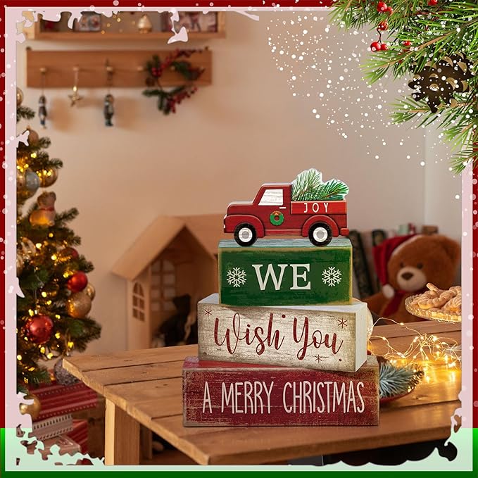 4 Pcs Rustic Christmas Decor Wooden Red Truck Winter Tiered Tray Decor Merry Christmas Table Centerpiece Wood Red Truck Block Sign Gift Farmhouse for Home Kitchen Tabletop Office Shelf