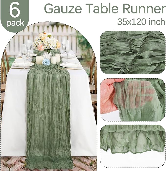 6 Pack Sage Green Cheesecloth Table Runner 10FT Boho Gauze Fabric Table Runner 35 x 120 Inch Rustic Sheer Runner for Centerpiece Wedding Decor Baby Shower Party Boho Table Decoration