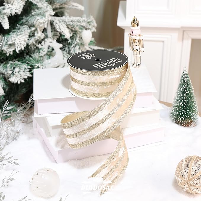 Champagne Velvet Wired Ribbon with Glitter Stripe 2.5 Inch Crushed Velvet Christmas Ribbon, 10 Yards for Gift Wrapping, Crafts, Christmas Tree Decorations, Wreaths, Garlands