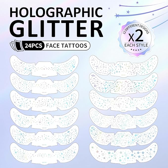 24PCS Holographic Glitter Freckles, Holographic Multichrome Fake Freckles Face Tattoo Long Lasting Glitter Makeup Patches for Halloween Christmas Party