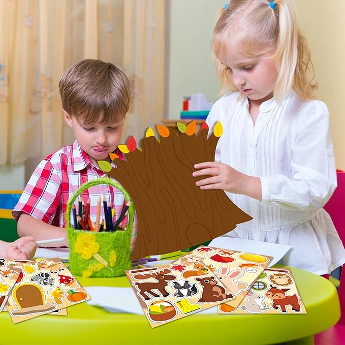 CY2SIDE 12 Sets Fall Woodland Animal Scene Sticker Art Craft for Kids, Make A Fall Woodland Scene with Fox Pumpkin Sticker, DIY Autumn Party Games for School Classroom Activities
