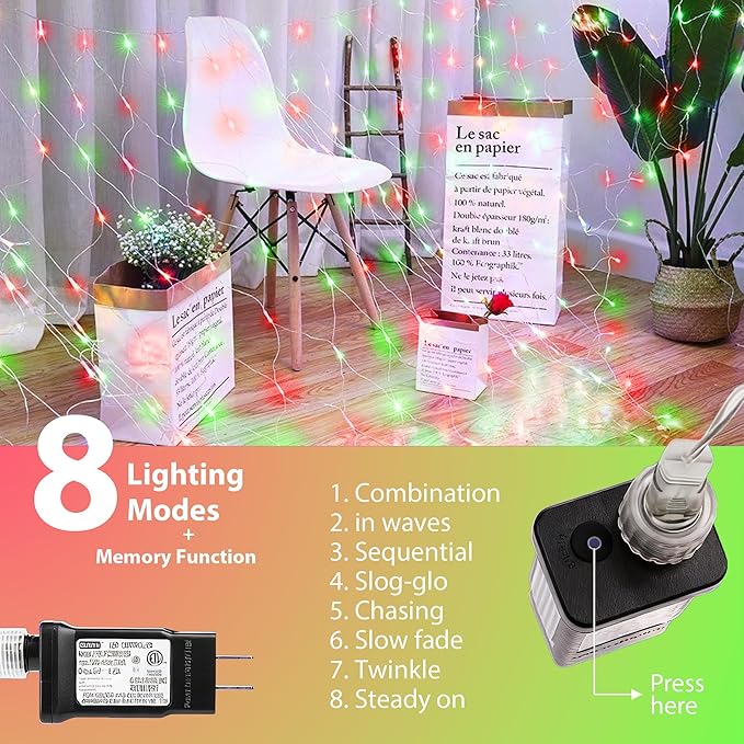 11.5ft x 5ft Christmas Net Lights Outdoor, 360 LED Net Lights with 8 Modes, Connectable, Timer, Waterproof Low Voltage Bush Mesh Fairy String Light for Yard Bush Christmas Indoor Decor (Red & Green)